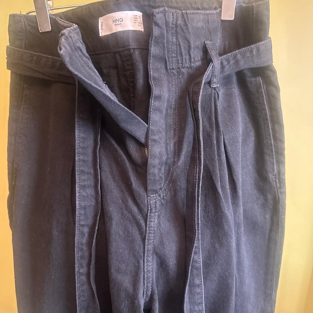 Mango NWOT Black Barrel Leg Jeans High Rise Pleated Cuffed Belted Balloon Denim - Picture 5 of 14